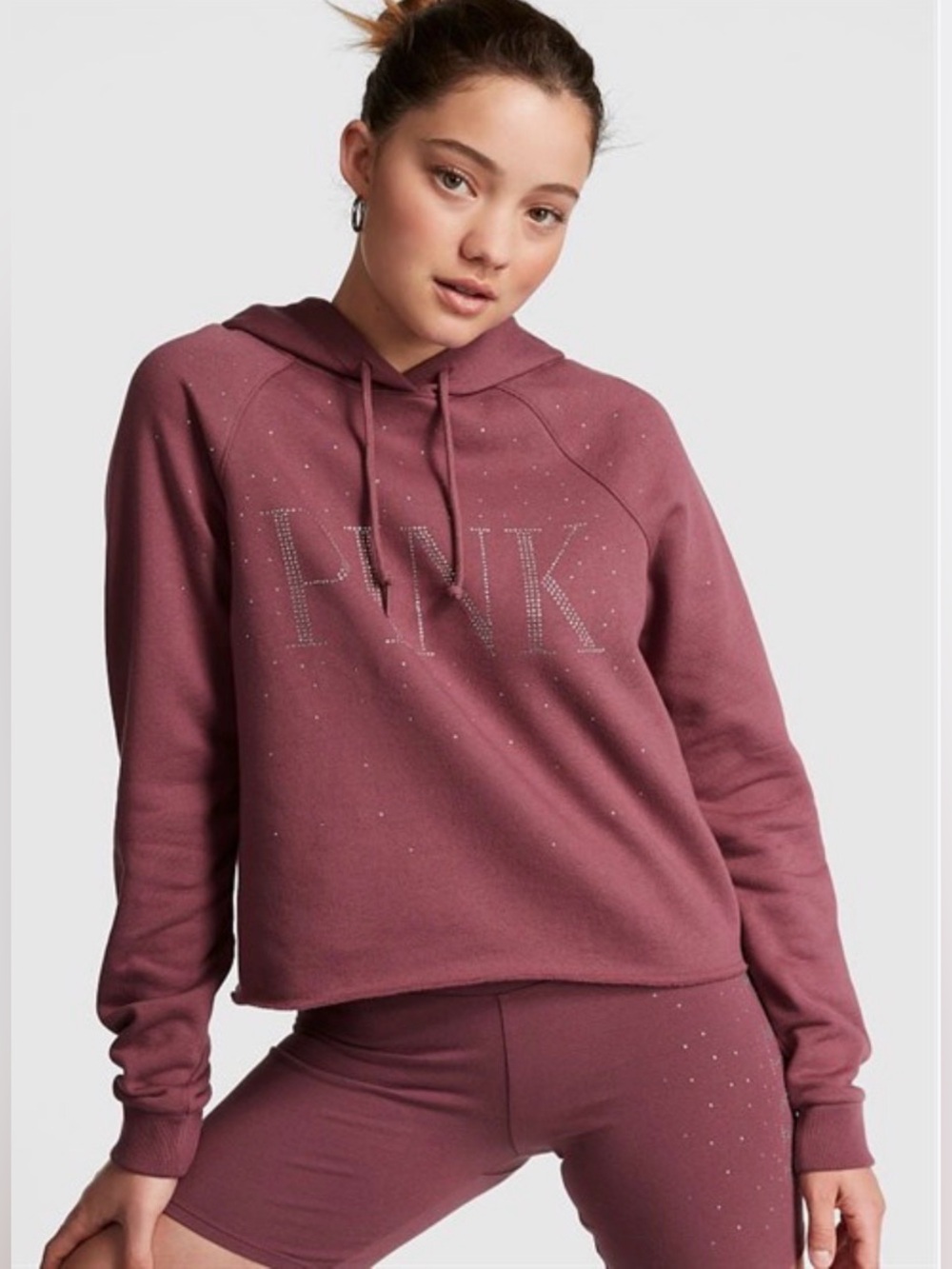 VICTORIA'S SECRET PINK EVERYDAY FLEECE HOODIE SHINE CROPPED Size Medium